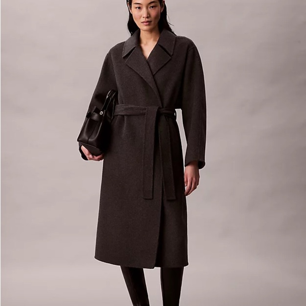 Calvin Klein Belted Wool Trench Coat in Charcoal Heather